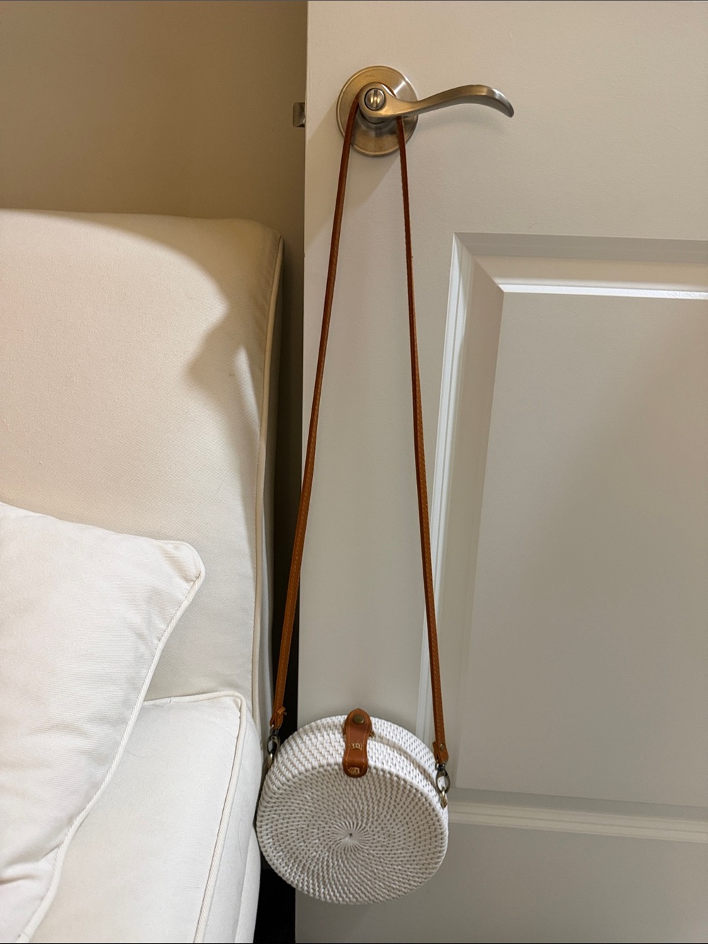 Anthropologie White Woven Round Crossbody with Brown Strap